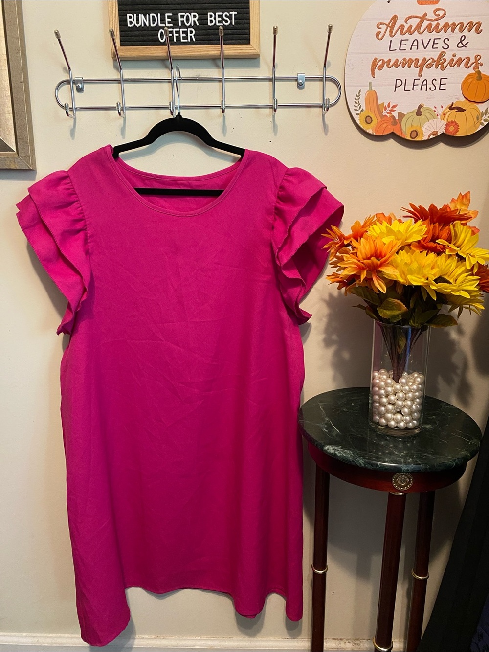 SHEIN Curve Sz 2XL Women's Fuchsia Ruffle Sleeve Shift Dress 100% Polyester.